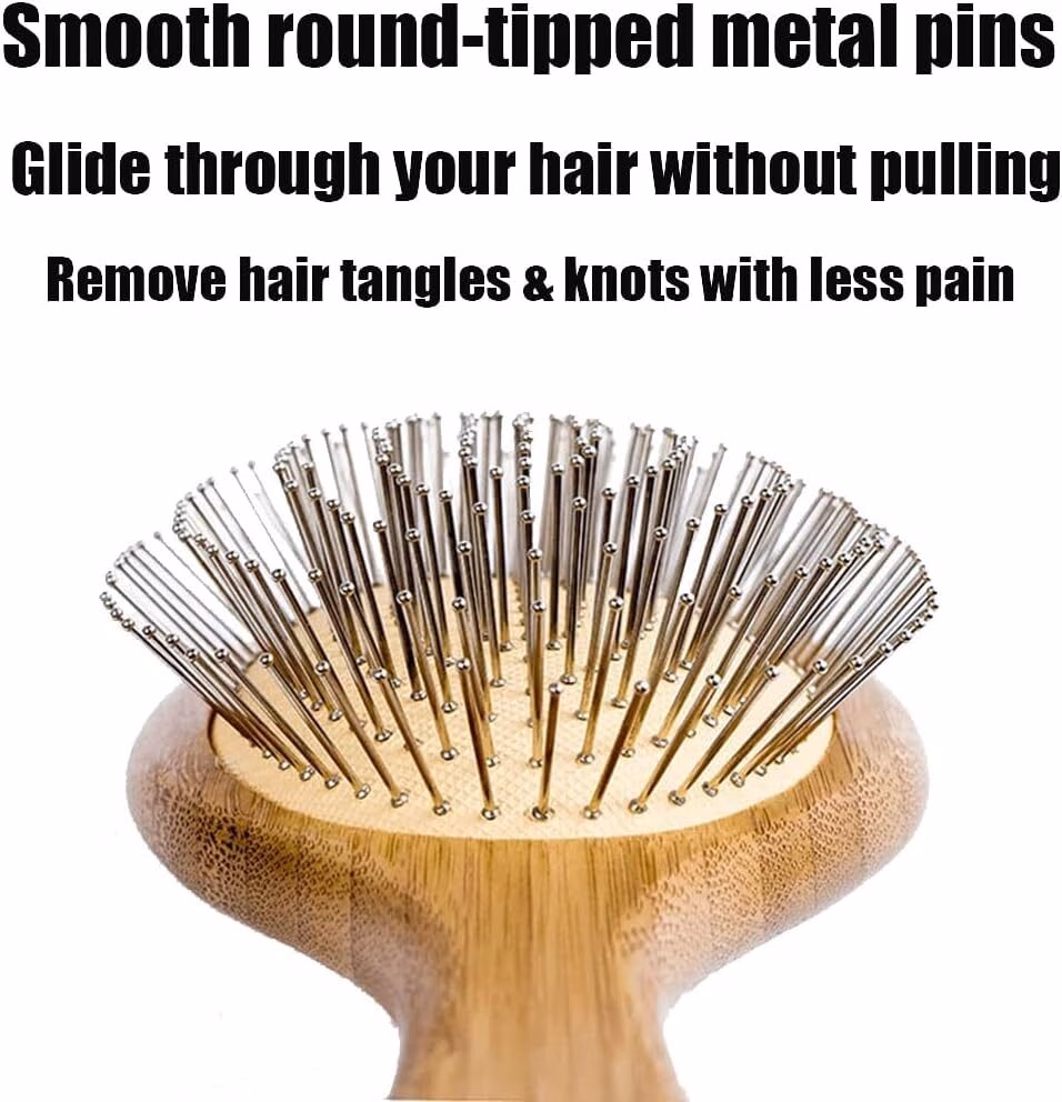 Wooden Paddle Detangling Brush Metal Bristle Hair Brush for Women and Men, Anti-Frizz Styling Hairbrush Comb for Curly Fine Wavy Normal Hair, Scalp Massage Brush, Wet or Dry Use - Image 2