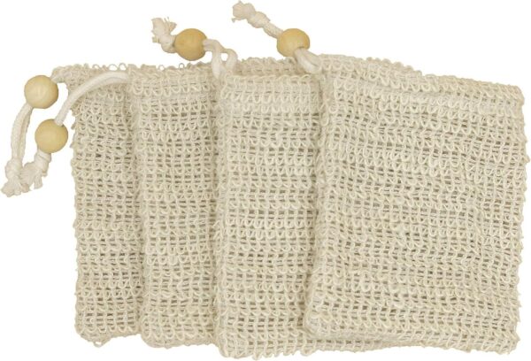 (4 Pack) Exfoliating Loofah Pouch Sisal Ramie Soap Saver Bag with Drawstring and Wooden Bead Holder - Image 2