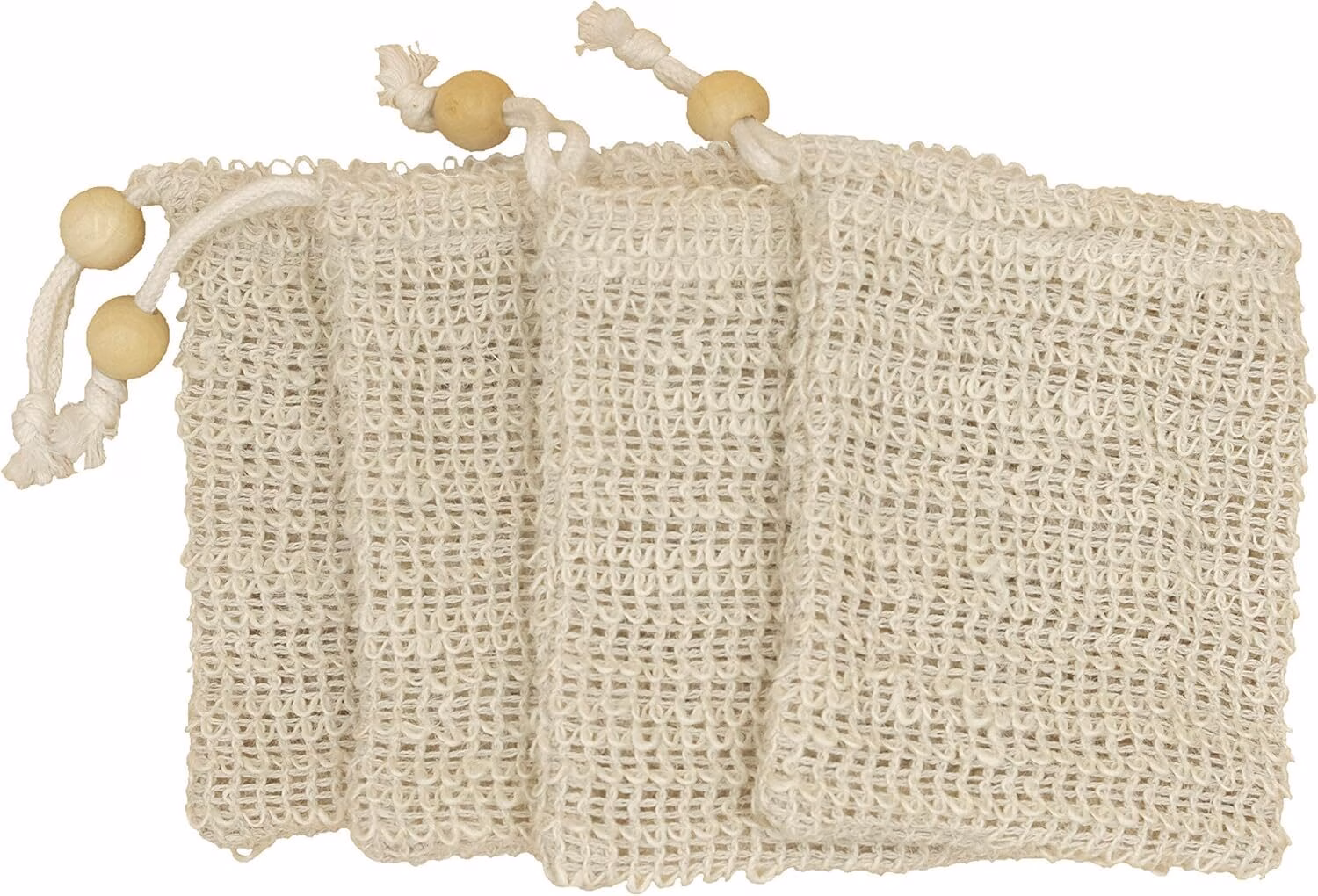 (4 Pack) Exfoliating Loofah Pouch Sisal Ramie Soap Saver Bag with Drawstring and Wooden Bead Holder - Image 2