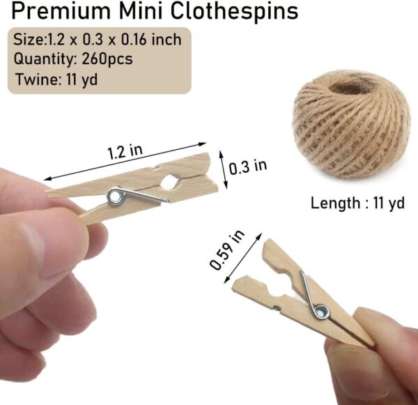 Mini Clothes Pins, 260 PCS Small Wooden Clothes Pin with Jute Twine - Image 4