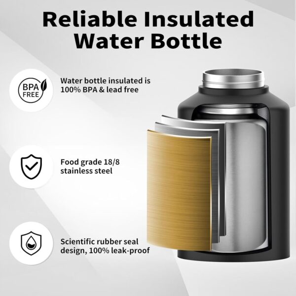 Reusable 1 Gallon Water Bottle Insulated(Cold for 48 Hrs),Bpa Free&Leak Proof,128Oz Stainless Steel Water Jug,Big Thermo,Large Water Bottle with Handle for Gym,Hiking,Camping&Travel,Black - Image 3