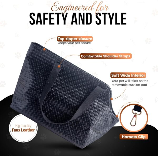 Luxury Woven Dog Purse Carrier - Cozy Vegan Faux Leather, Secure Harness Clip, Black Tote Bag for Small Dogs and Puppies - Image 5