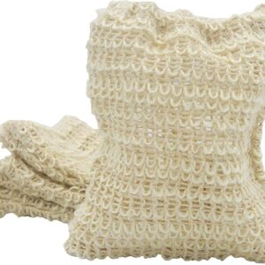 (4 Pack) Exfoliating Loofah Pouch Sisal Ramie Soap Saver Bag with Drawstring and Wooden Bead Holder