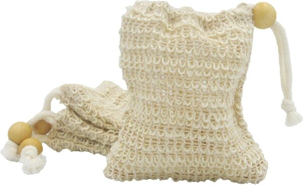 (4 Pack) Exfoliating Loofah Pouch Sisal Ramie Soap Saver Bag with Drawstring and Wooden Bead Holder