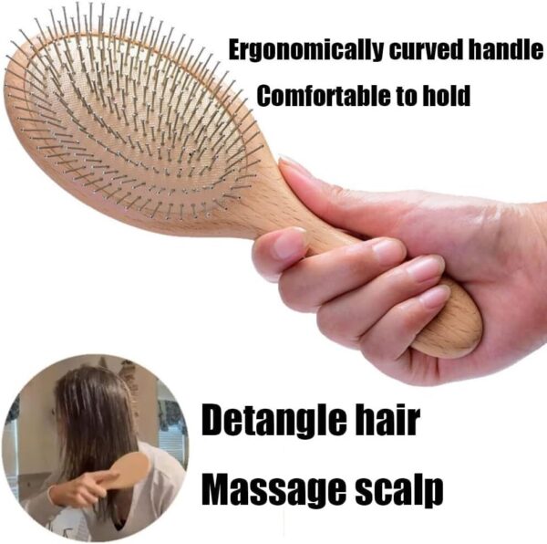 Wooden Paddle Detangling Brush Metal Bristle Hair Brush for Women and Men, Anti-Frizz Styling Hairbrush Comb for Curly Fine Wavy Normal Hair, Scalp Massage Brush, Wet or Dry Use - Image 5
