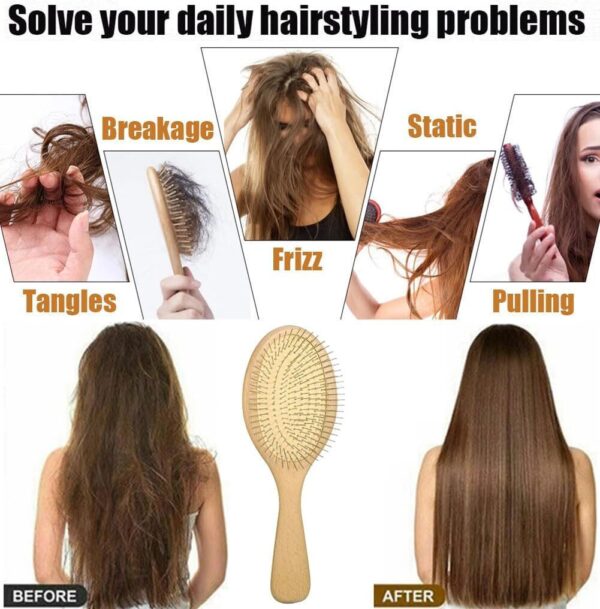 Wooden Paddle Detangling Brush Metal Bristle Hair Brush for Women and Men, Anti-Frizz Styling Hairbrush Comb for Curly Fine Wavy Normal Hair, Scalp Massage Brush, Wet or Dry Use - Image 3