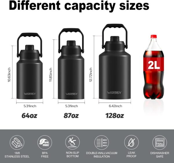 Reusable 1 Gallon Water Bottle Insulated(Cold for 48 Hrs),Bpa Free&Leak Proof,128Oz Stainless Steel Water Jug,Big Thermo,Large Water Bottle with Handle for Gym,Hiking,Camping&Travel,Black - Image 8