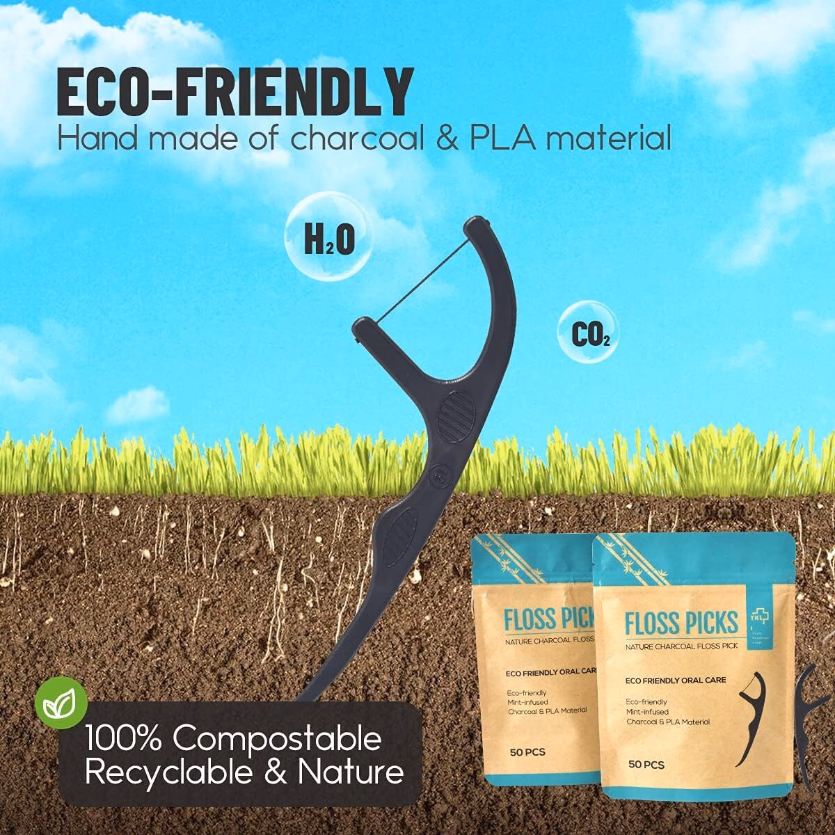 Charcoal Dental Floss Stick-Natural Environmentally Friendly Vegan Sustainable Mint Flavor Dental Floss Stick - Image 3