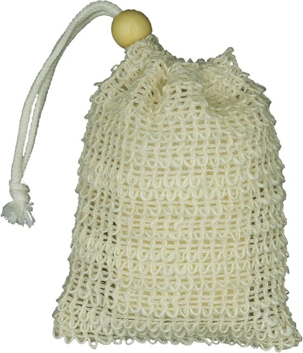 (4 Pack) Exfoliating Loofah Pouch Sisal Ramie Soap Saver Bag with Drawstring and Wooden Bead Holder - Image 3