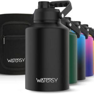 Reusable 1 Gallon Water Bottle Insulated(Cold for 48 Hrs),Bpa Free&Leak Proof,128Oz Stainless Steel Water Jug,Big Thermo,Large Water Bottle with Handle for Gym,Hiking,Camping&Travel,Black