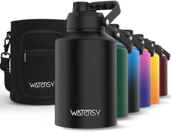 Reusable 1 Gallon Water Bottle Insulated(Cold for 48 Hrs),Bpa Free&Leak Proof,128Oz Stainless Steel Water Jug,Big Thermo,Large Water Bottle with Handle for Gym,Hiking,Camping&Travel,Black