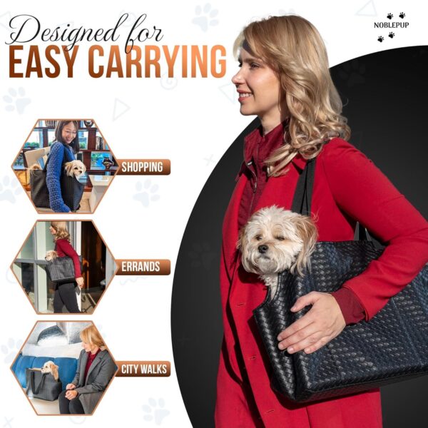 Luxury Woven Dog Purse Carrier - Cozy Vegan Faux Leather, Secure Harness Clip, Black Tote Bag for Small Dogs and Puppies - Image 3