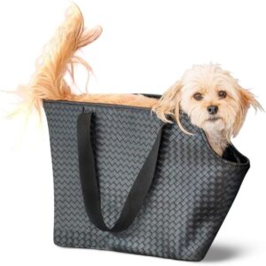 Luxury Woven Dog Purse Carrier - Cozy Vegan Faux Leather, Secure Harness Clip, Black Tote Bag for Small Dogs and Puppies