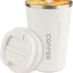 Reusable 12 Oz Stainless Steel Vacuum Insulated Tumbler - Coffee Travel Mug Spill Proof with Lid - Coffee Cup for Keep Hot/Ice Coffee,Tea and Beer (White)