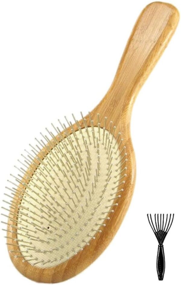 Wooden Paddle Detangling Brush Metal Bristle Hair Brush for Women and Men, Anti-Frizz Styling Hairbrush Comb for Curly Fine Wavy Normal Hair, Scalp Massage Brush, Wet or Dry Use