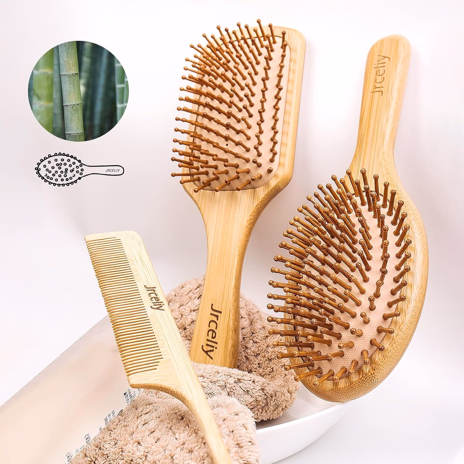3PCS Bamboo Hair Brush Set,Natural Wooden Brush for Women, Madam, Paddle Detangling Brush for Dry/Curly/Thick/Thin/Straight Hair - Image 3