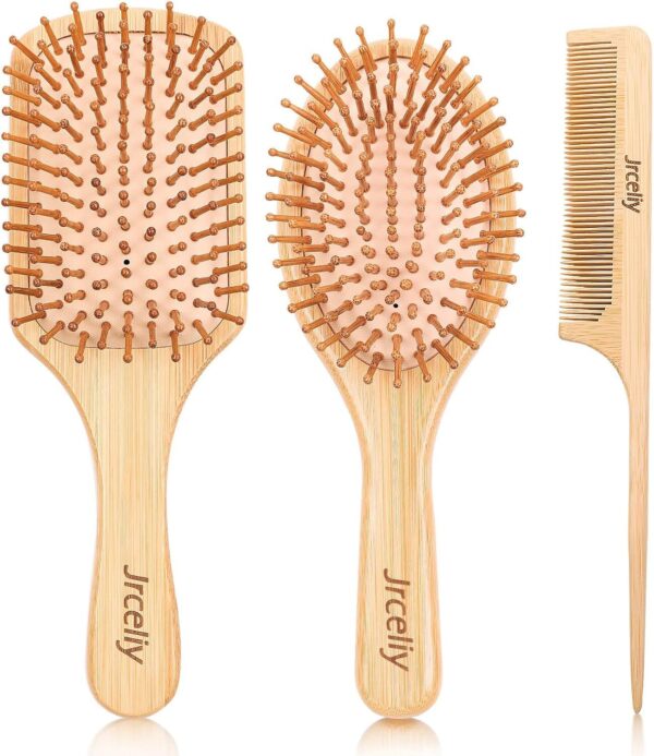 3PCS Bamboo Hair Brush Set,Natural Wooden Brush for Women, Madam, Paddle Detangling Brush for Dry/Curly/Thick/Thin/Straight Hair - Image 2