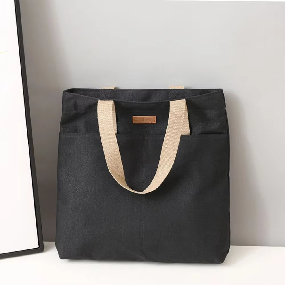 Black Large Capacity Reusable Natural Cotton Canvas Women Tote Bag - Image 2