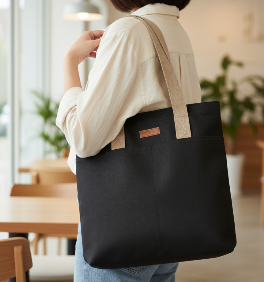 Black Large Capacity Reusable Natural Cotton Canvas Women Tote Bag - Image 3