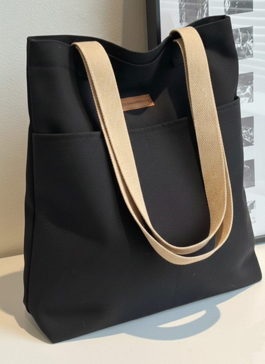 Black Large Capacity Reusable Natural Cotton Canvas Women Tote Bag - Image 4